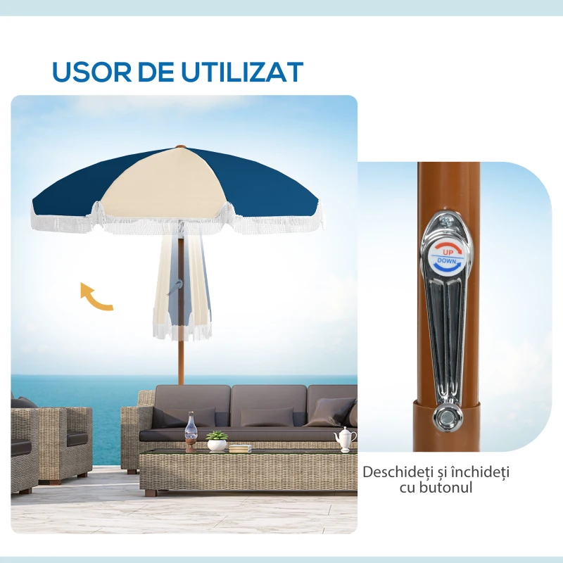 Outsunny Umbrela de Gradina inclinabila cu Deschidere cu Manivela si Orificiu de Aerisire, Ø213x234 cm, Albastru si Bej