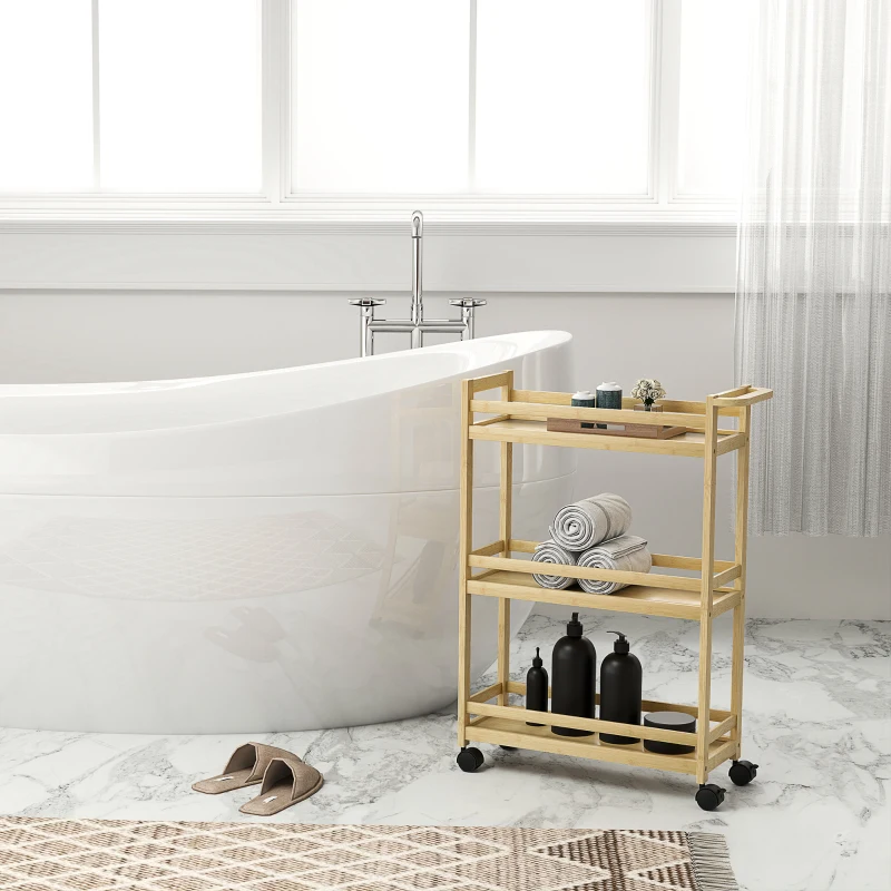HOMCOM Scaffale da Bagno in Bambù a 3 Livelli con Ruote, Carrello per Cucina, Bagno, Soggiorno, Naturale