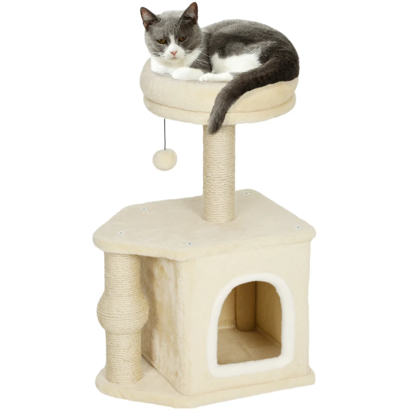PawHut Arbre à Chat Hauteur 66 cm Tour à Chat avec Lit Grotte Plateforme Balle Suspendue et Poteau en Jute Beige