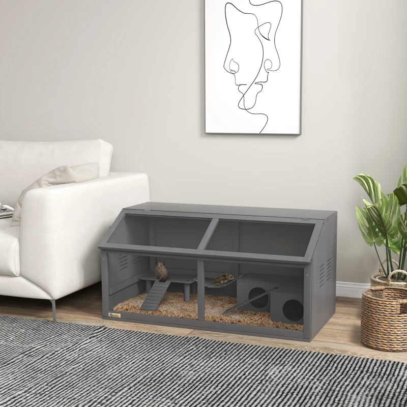 PawHut Jaula para animales pequeños, jaula para roedores, con accesorios, de madera de pino, 100x52x50 cm, Gris