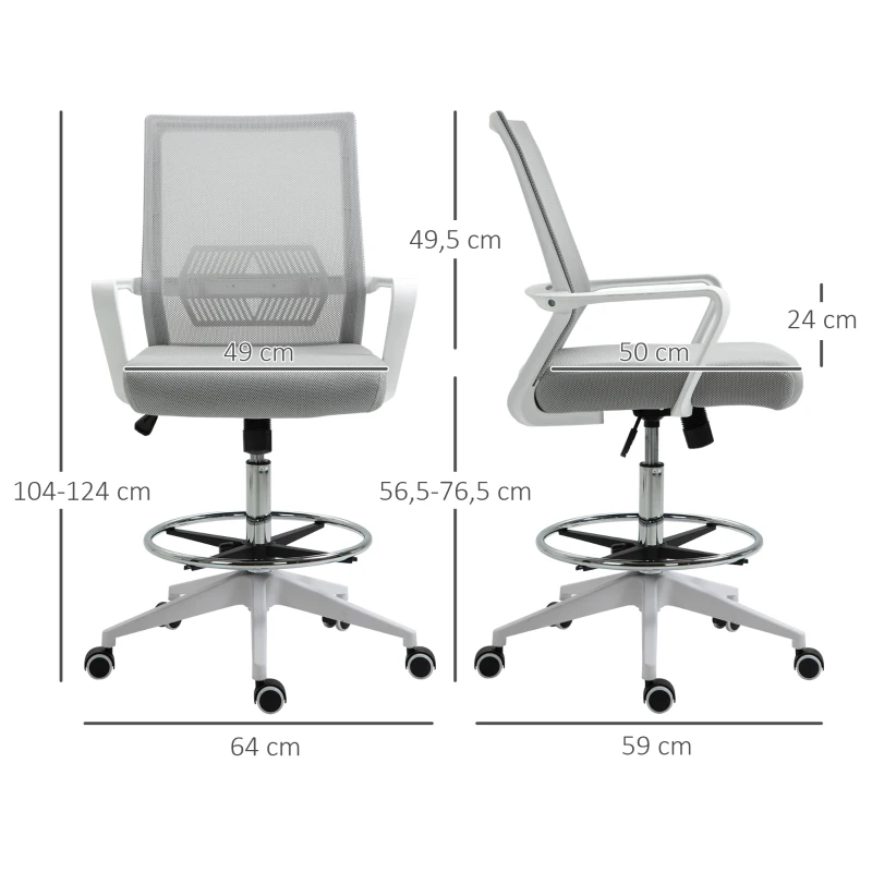 Vinsetto Silla de oficina de asiento alto ajustable 64x59x104-124 cm taburete de oficina giratorio 360° malla transpirable Grisy Blanco
