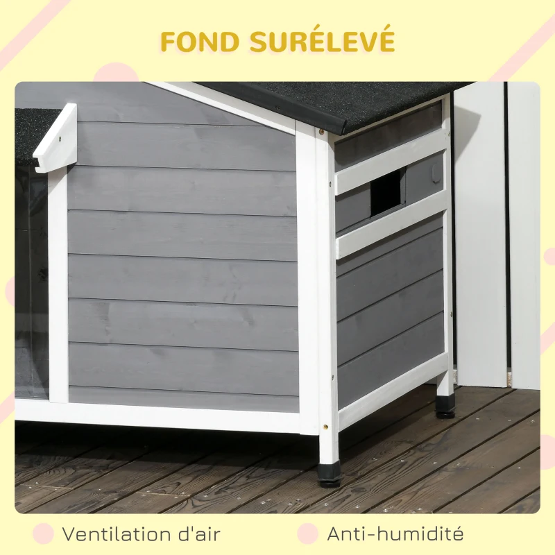 PawHut Caseta para perro estilo cottage - 2 ventanas, puerta, techo bituminado - 109x79x72 cm - madera de abeto Gris