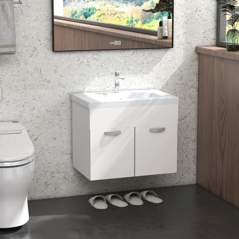 Kleankin Mobiles Badezimmer mit Waschbecken, Schrank mit 2 Türen und Soft-Close-Scharnieren, 61x40x50cm, Glänzendes Weiß