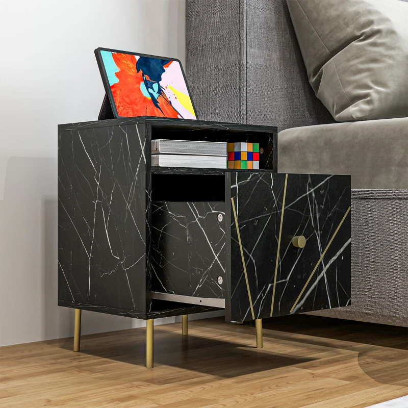 HOMCOM Mesilla de Noche con Efecto Mármol Compartimiento Abierto y Cajón Mesa de Noche para Dormitorio 39x30x50 cm Negro