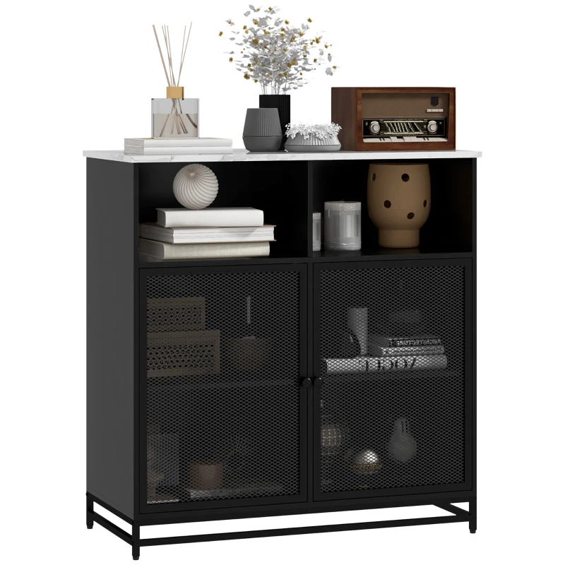 HOMCOM Mueble de Almacenamiento Buffet con acabado de mármol y doble puerta de rejilla 86x40x90 cm Blanco y Negro