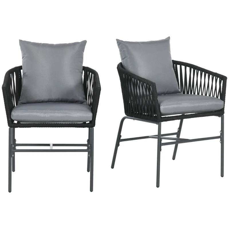 Outsunny Lote de 2 sillas de jardín de exterior para 2 personas en metal y cuerda PE con cojines, Negro y Gris oscuro