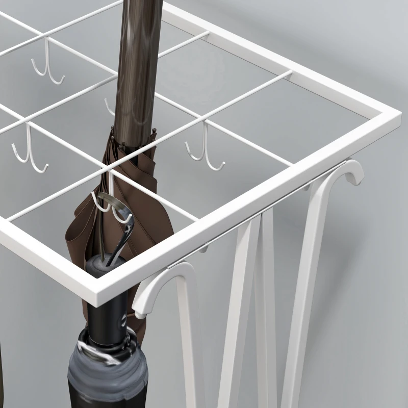 HOMCOM Porte-Parapluie Moderne en Acier avec 21 Emplacements et 24 Crochets Bac de Récupération Amovible pour Entrée 50x24x68 cm Blanc