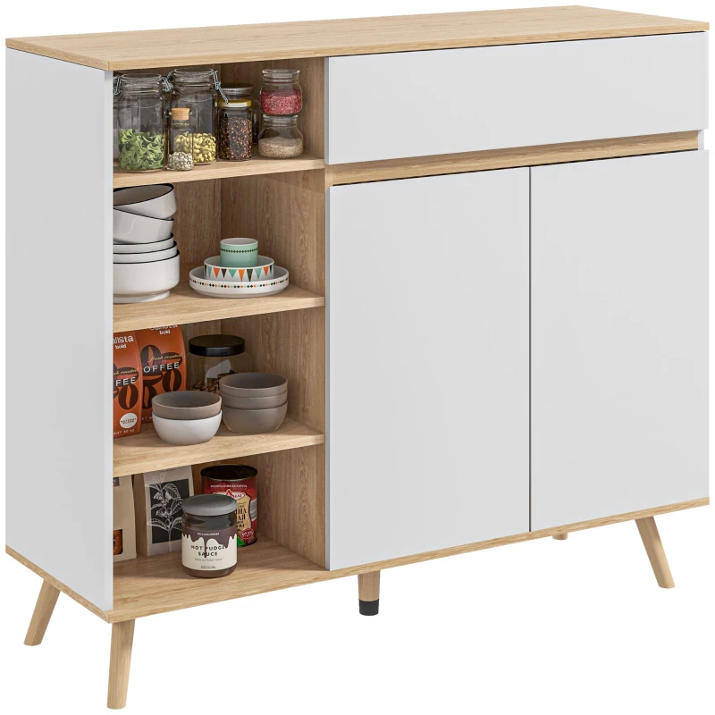 HOMCOM Mobile Buffet da Stoccaggio Cucina Stile Scandinavo 1 Mobile Doppio a Ante 1 Cassetto e 4 Nicchie Ripiani Regolabili, Bianco