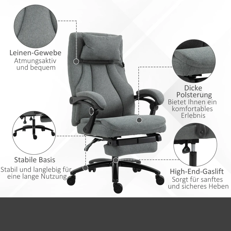 Vinsetto Sedia da Ufficio Massaggiante, Poltrona Direzionale Regolabile in Altezza, Sedia Gaming con Funzione Massaggiante, Sedia Girevole Ergonomica, Poltrona Massaggiante, Tessuto Effetto Lino, 64 x 74 x 109-117 cm, Grigio