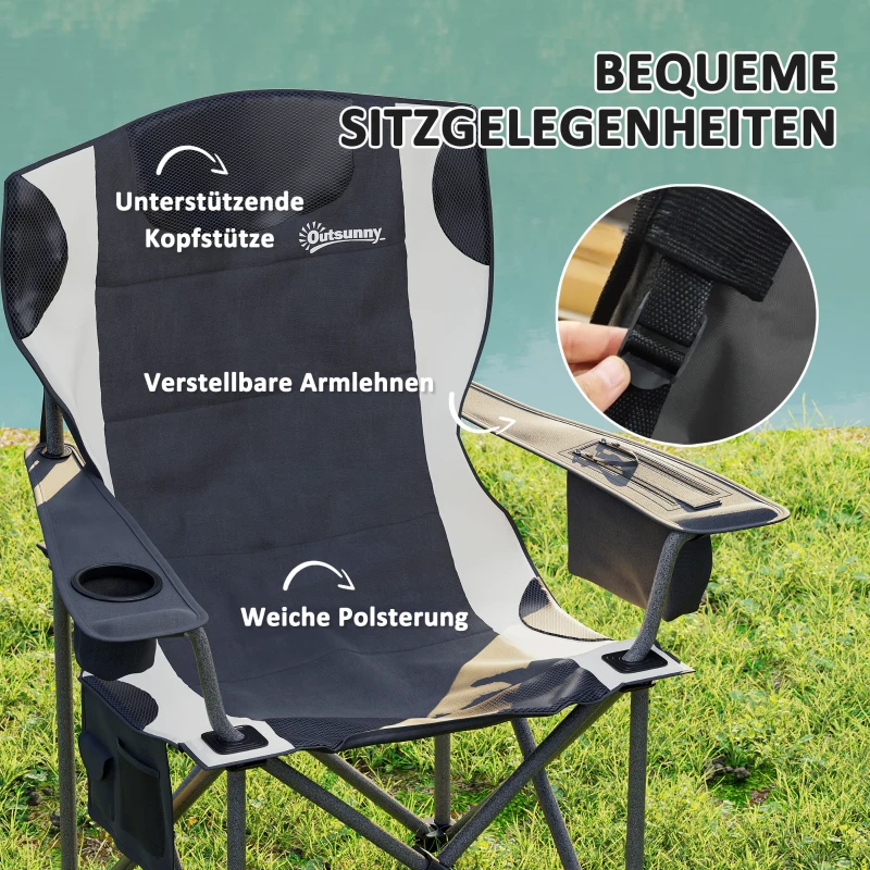 Outsunny Set van 2 Opvouwbare Campingstoelen met Armleuningen, Bekerhouder, Hoofdsteun, Koeltas Zwart