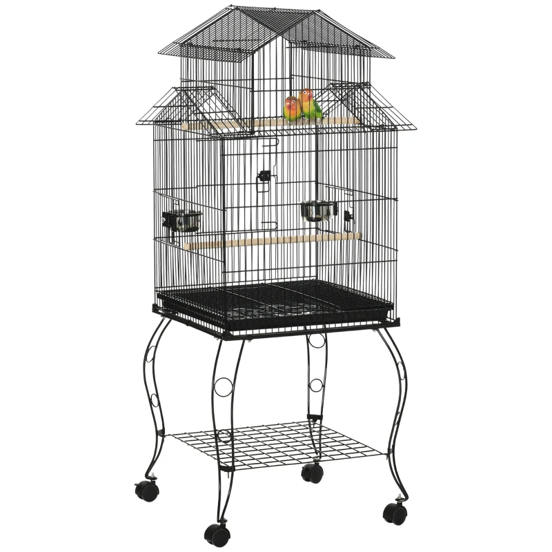 PawHut Cage pour Oiseaux d'Intérieur en Bois avec Plateau, 4 Roues et Perchoir, 50x49x137cm