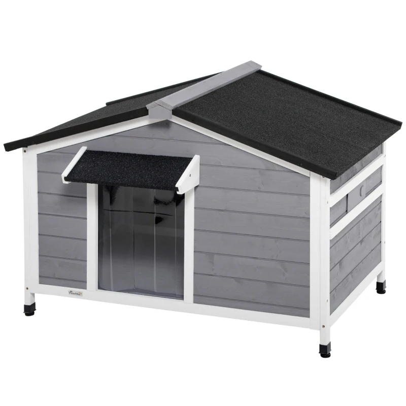 PawHut Caseta para perro estilo cottage - 2 ventanas, puerta, techo bituminado - 109x79x72 cm - madera de abeto Gris