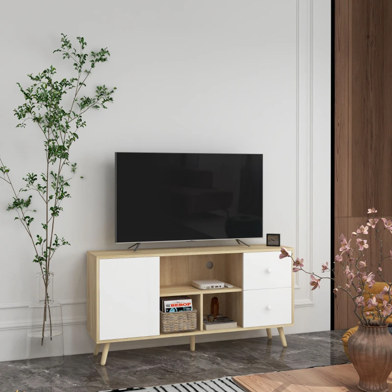 HOMCOM Mobile TV per TV fino a 45 pollici piedi in legno massiccio stile scandinavo 3 mensole 1 armadio 120 x 30 x 60 cm