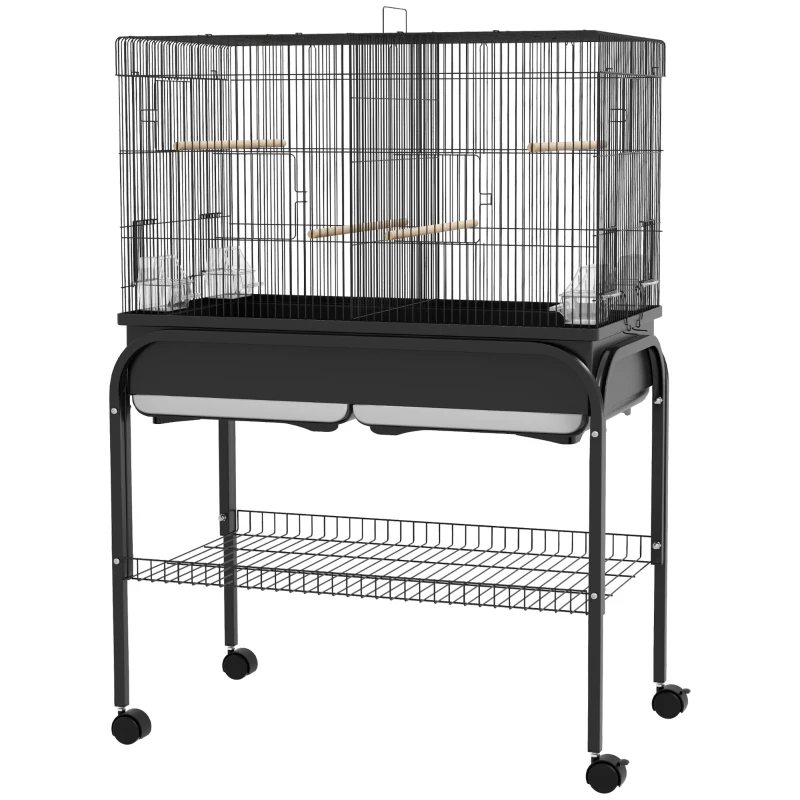 PawHut Gran jaula para pájaros jaula para loros con soporte ruedas para cacatúas periquitos canarios loros 85x49x119 cm Negro