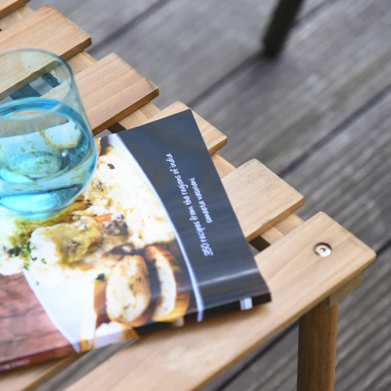 Outsunny Mesa de Centro Plegable de Jardín Camping Tablero de Lamas 58x58x40 cm Bolsa Transporte Incluida Madera Pino preaceitado