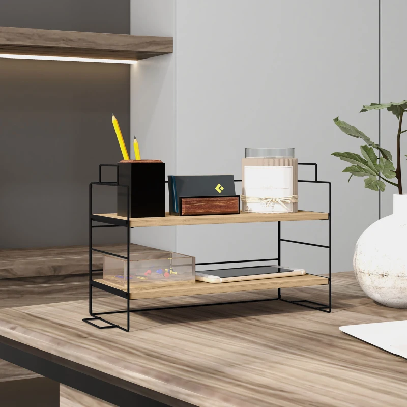 HOMCOM Büroorganisator, 2-stufiges Regal, 42B x 16,5T x 24,5H cm, Holzregal schwarzes Metallgestell