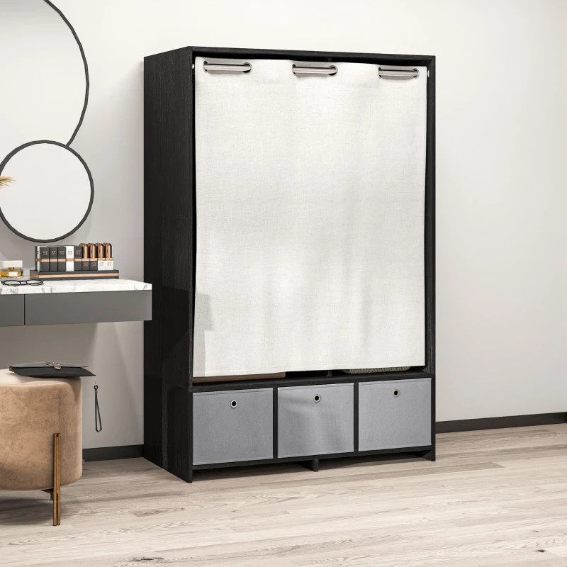 HOMCOM Armadio Appendiabiti con Asta, Tende, 3 Ripiani e 3 Cassetti in Tessuto Rimovibili, 105 x 48 x 160 cm, Nero