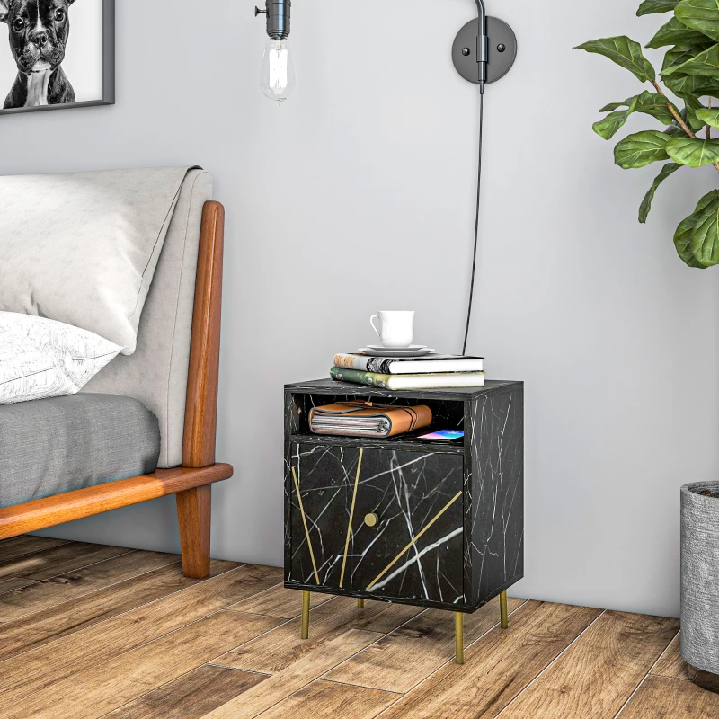 HOMCOM Mesilla de Noche con Efecto Mármol Compartimiento Abierto y Cajón Mesa de Noche para Dormitorio 39x30x50 cm Negro