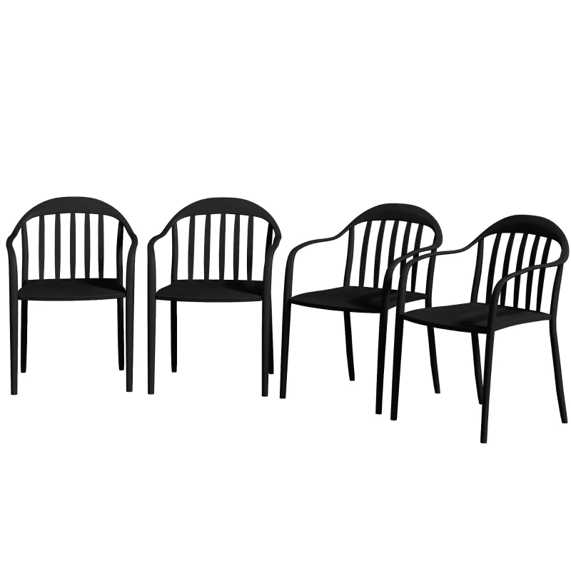 Outsunny Set 4 Scaune de Grădină Stivuibile cu Spătar și Brațe, 57x54x78 cm, Negru