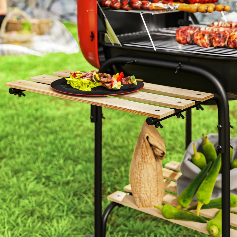 Outsunny Barbecue a Carbone con 3 Ripiani e Ruote, Coperchio con Presa d'Aria Regolabile, Rosso