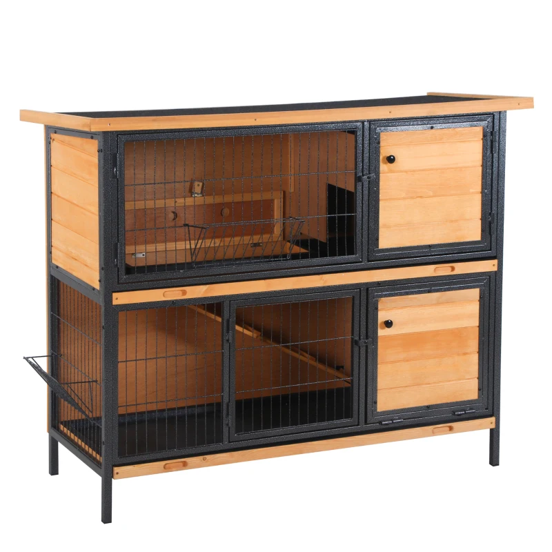 PawHut Gabbia per conigli esterna 2 piani tetto in bitume 4 porte bloccabili 122 x 50 x 101 cm legno naturale nero