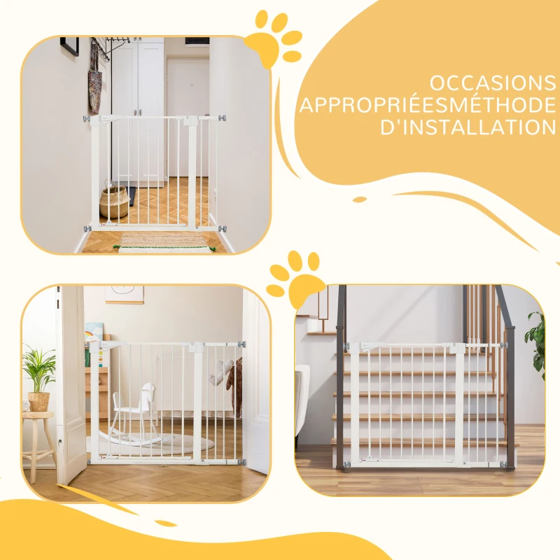 PawHut Barrera de seguridad para perros mascotas sin perforación con cierre automático ancho 76-103 cm Blanco