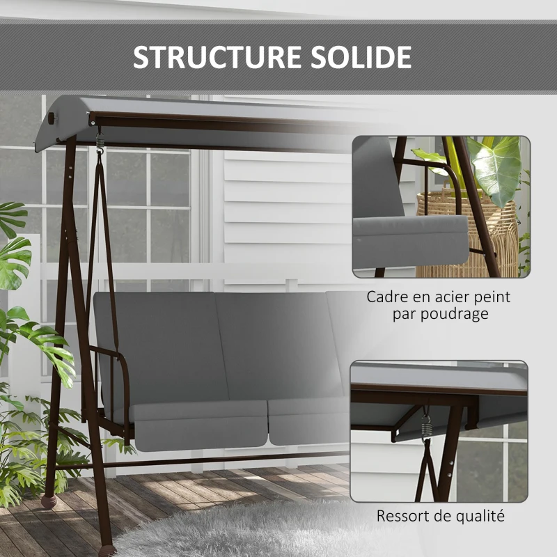 Outsunny Balancín de jardín convertible 3 plazas de gran confort con 3 cojines techo ajustable acero poliéster Gris