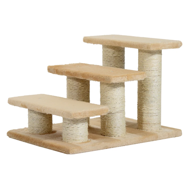 PawHut Escalera para Mascotas Escalera para Gatos y Perros de 3 Escalones Peluche Crema 45x35x34 cm