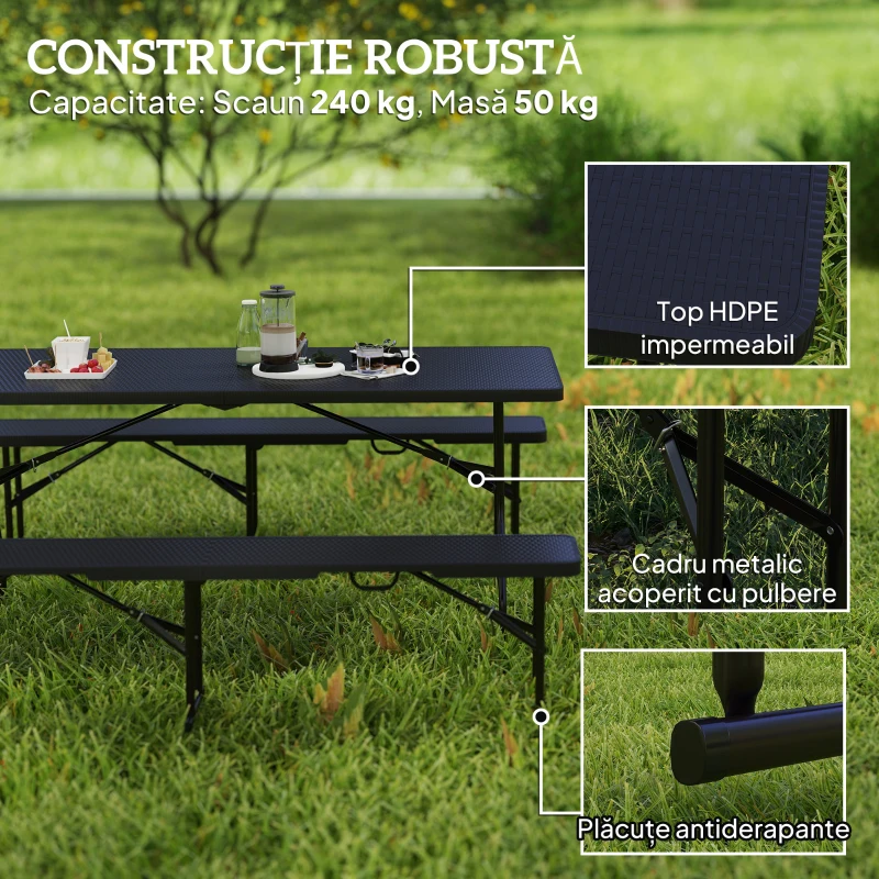 Outsunny Set Masă de Camping Pliabilă cu 2 Scaune și Mânere din HDPE și Metal, 180x74x74 cm, Negru