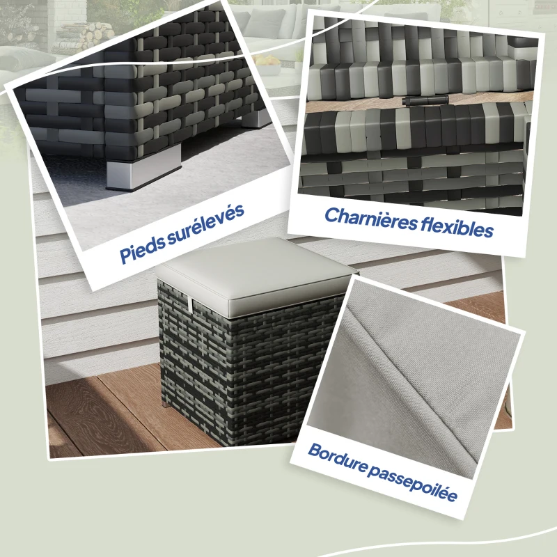 Outsunny Set aus 2 Hockern mit Stauraum aus PE-Rattan, Garten-Fußhocker mit Kissen 40 x 40 x 41 cm, Hellgrau