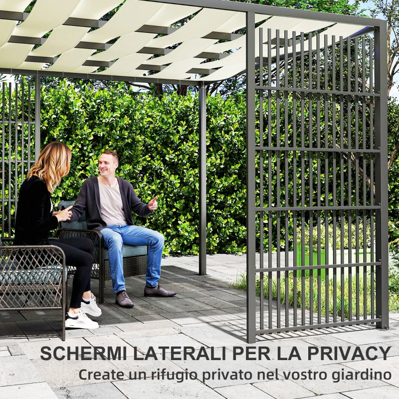 Outsunny Pergola per Esterno 3x3 m con Copertura Ondulata e Pannelli Laterali, in Metallo e Poliestere Nero