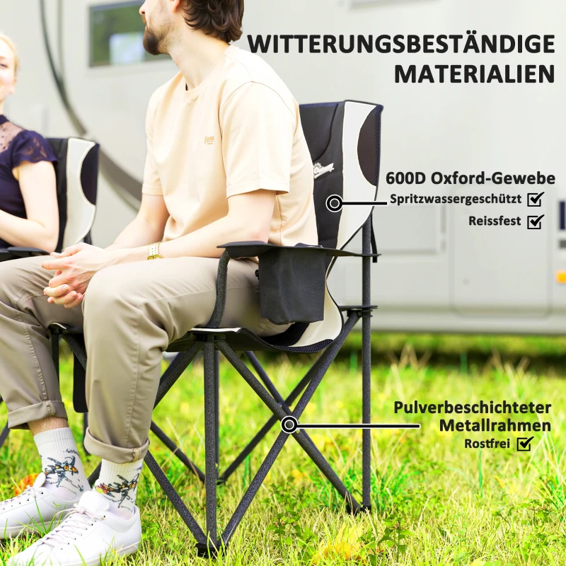 Outsunny Set van 2 Opvouwbare Campingstoelen met Armleuningen, Bekerhouder, Hoofdsteun, Koeltas Zwart