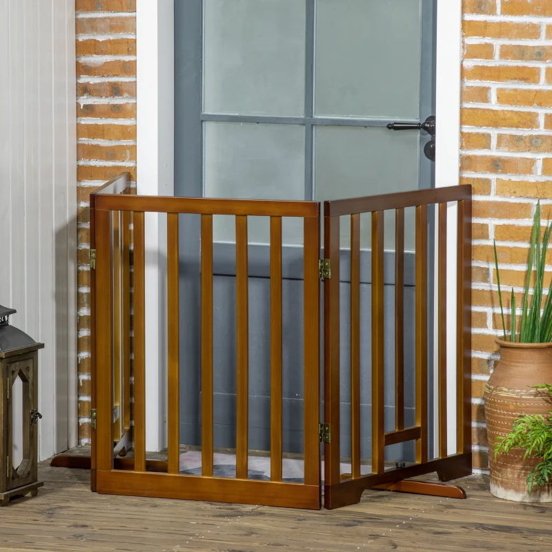 PawHut Barrière pour Chiens Pliable à 3 Panneaux avec Pieds Antidérapants pour Couloirs, Escaliers et Chambres, en Bois de Pin, 181x35x76 cm, Marron Foncé