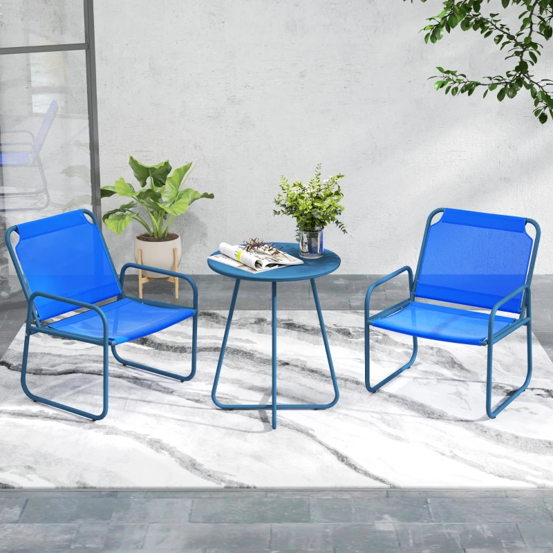 Outsunny 3-teiliges Gartenmöbelset, Gartenlounge, 2 Sessel 1 runder Tisch, Stahl und Mesh-Gewebe, Marineblau