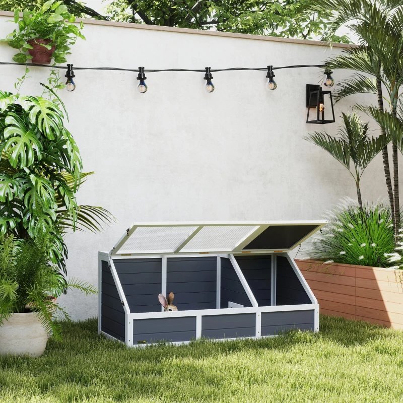 PawHut Recinto jaula para pequeños animales, como tortugas, en madera con tapa abatible, cierres, 2 espacios separados, Gris