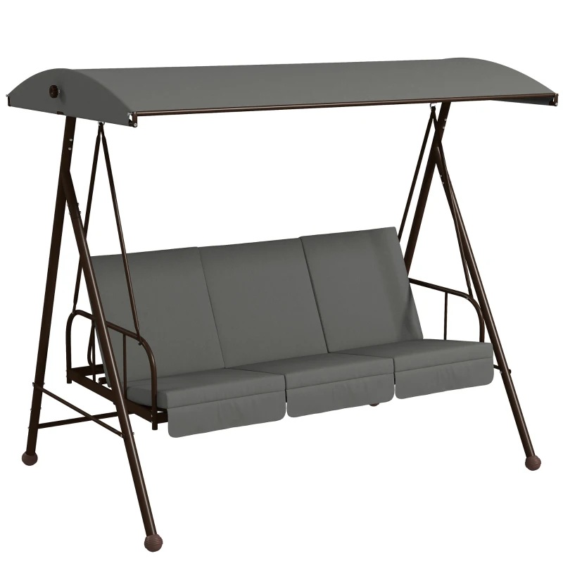 Outsunny Balancín de jardín convertible 3 plazas de gran confort con 3 cojines techo ajustable acero poliéster Gris