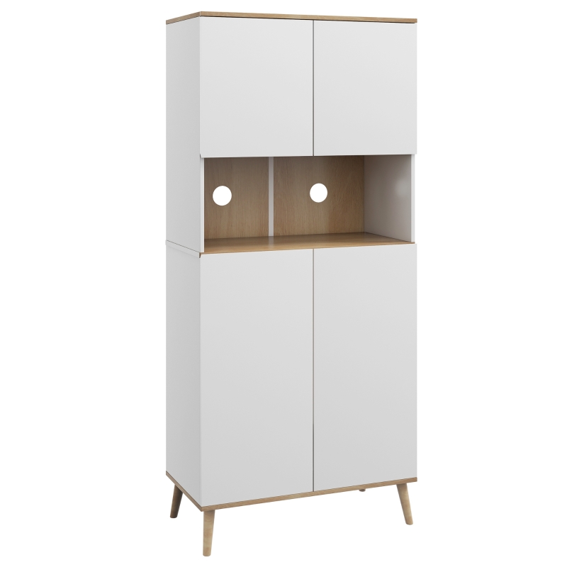 HOMCOM Credenza Buffet da Cucina, Armadio di Archiviazione, 2 Armadi con Porta, Mensole Regolabili, Nicchia Centrale, 2 Passacavi, Bianco