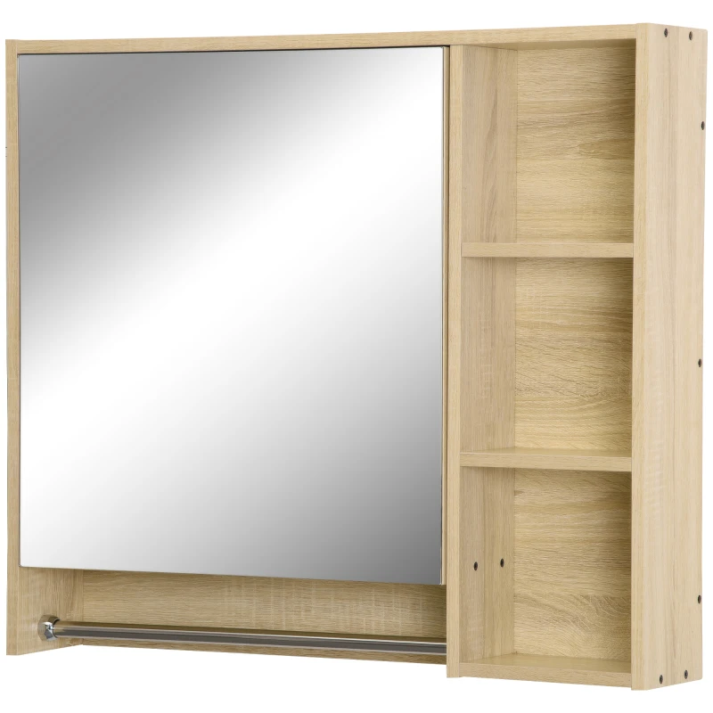 kleankin Mobile da Bagno con Specchio, Armadio a Parete con Portasciugamani, 3 Ripiani, Armadio ed Mensola Regolabile, naturale