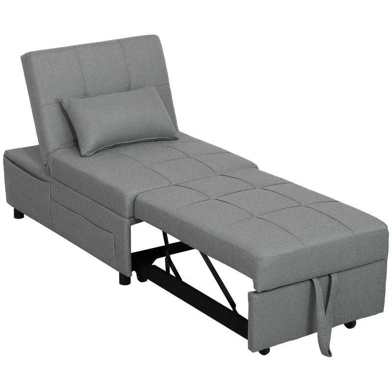 HOMCOM Poltrona Letto 3-in-1 con Tasca Laterale, Letto per Ospite con Cuscino, Schienale Regolabile, Poltrona Letto con Ruote, Grigio Chiaro