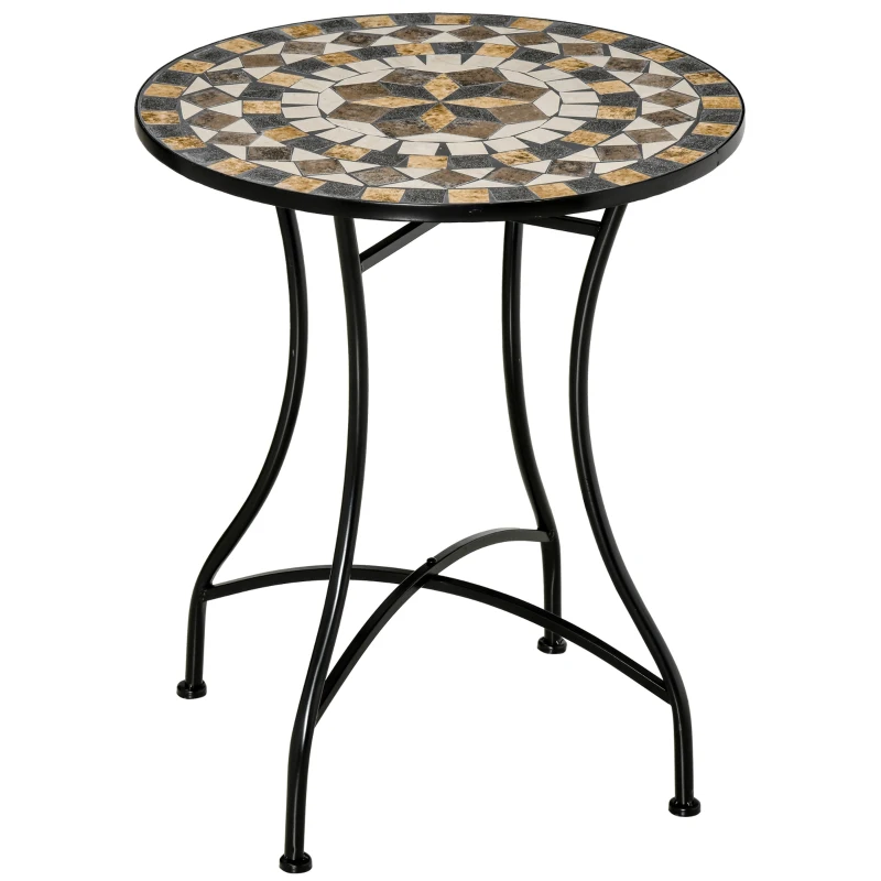 Outsunny Mesa de Jardín Redonda de Metal y Mosaico para Exterior e Interior, 60x71 cm, Negro