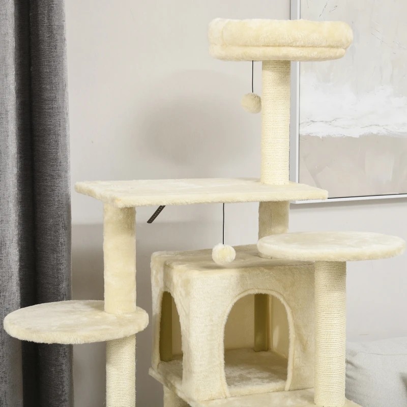 PawHut Árbol para gatos árbol para trepar rascador altura 171 cm con 2 cuevas 6 plataformas 2 pompones colgantes Beige