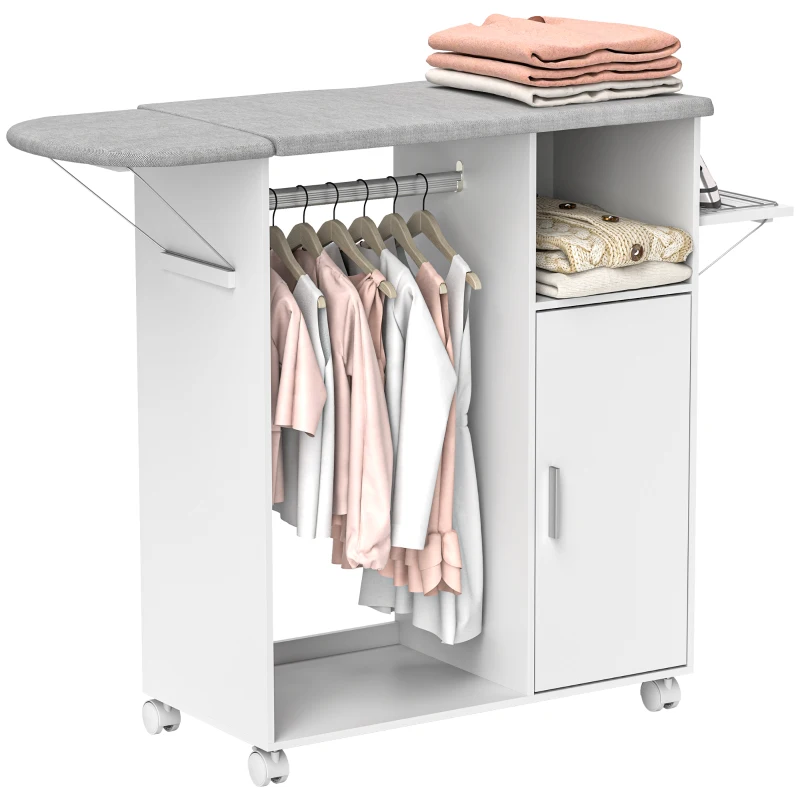 HOMCOM Mobile Asse da Stiro mit Abstellfläche, 3 Cubby-Regalen und Führung, 127x42,5x99 cm, Weiß