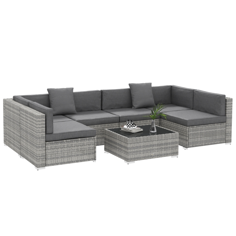 Outsunny Set Salotto da Giardino da 7 Pezzi Modulari, Tavolino con Piano in Vetro Temperato, Cuscini Sfoderabili Inclusi, Grigio
