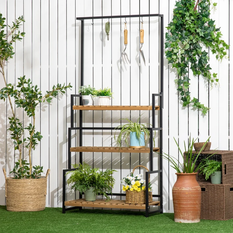 Outsunny Soporte para plantas a 3 Niveles con Ganchos Superiores en Madera de Abeto y Metal para Interior y Exterior, 80x36x174 cm