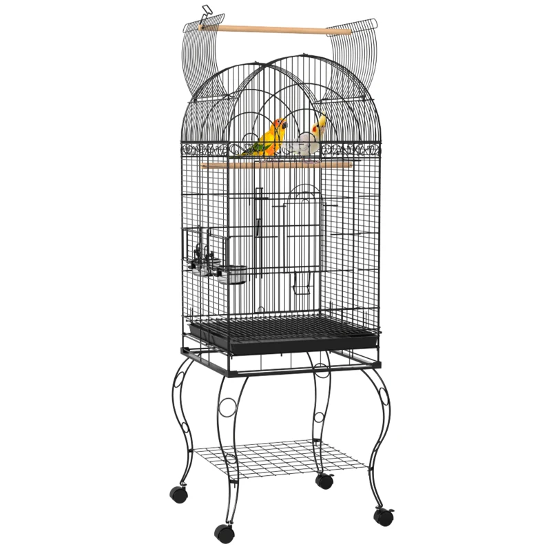 PawHut Cage à Oiseaux avec Roues Volière Extérieure avec Tiroir Amovible Grille 2 Bols Perchoir 51x51x153 cm Noir
