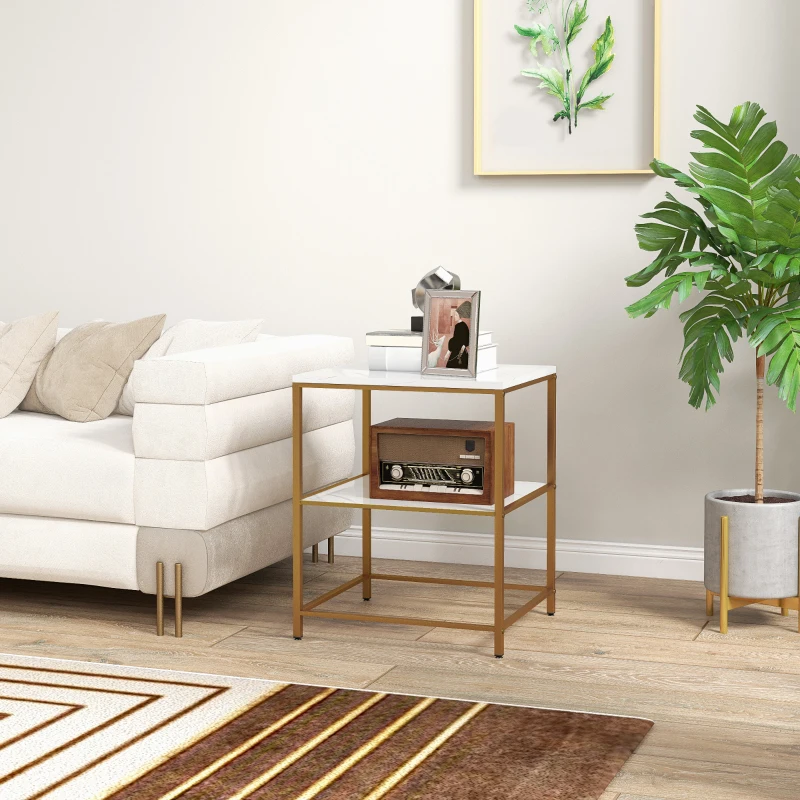 HOMCOM Mesa auxiliar mesa auxiliar con 2 estantes efecto mármol y estructura de metal dorado 44x40x54,5 cm
