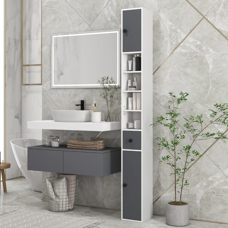 kleankin Colonna di Archiviazione, Armadio Alto per Bagno, 1 Cassetto, 4 Ripiani Regolabili e 2 Armadi, 20 x 20 x 180 cm, Grigio