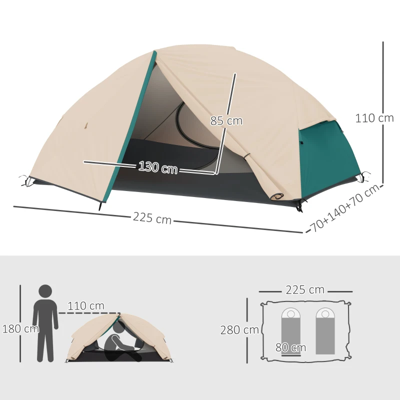 Outsunny Tenda da Campeggio 2 Posti con 2 Vestiboli, 2 Porte, 2 Finestre e Borsa di Trasporto, 2.8x2.25x1.1 cm, Beige