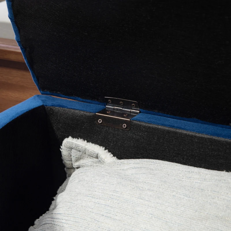 HOMCOM Pouf Contenitore 2 in 1, Panca Fondo Letto Imbottita a Semicerchio, Gambe in Legno di Gomma, Rivestimento in Velluto, Blu