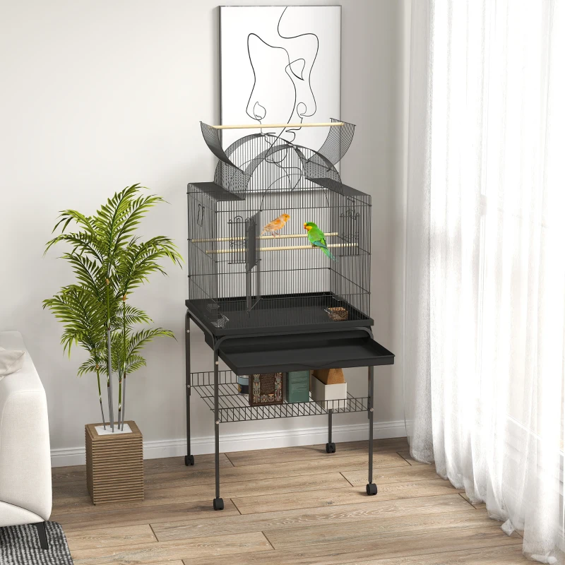PawHut Cage à Oiseaux pour Canaris & Perruches, mobile, avec étagère inférieure, grille en métal, Noir